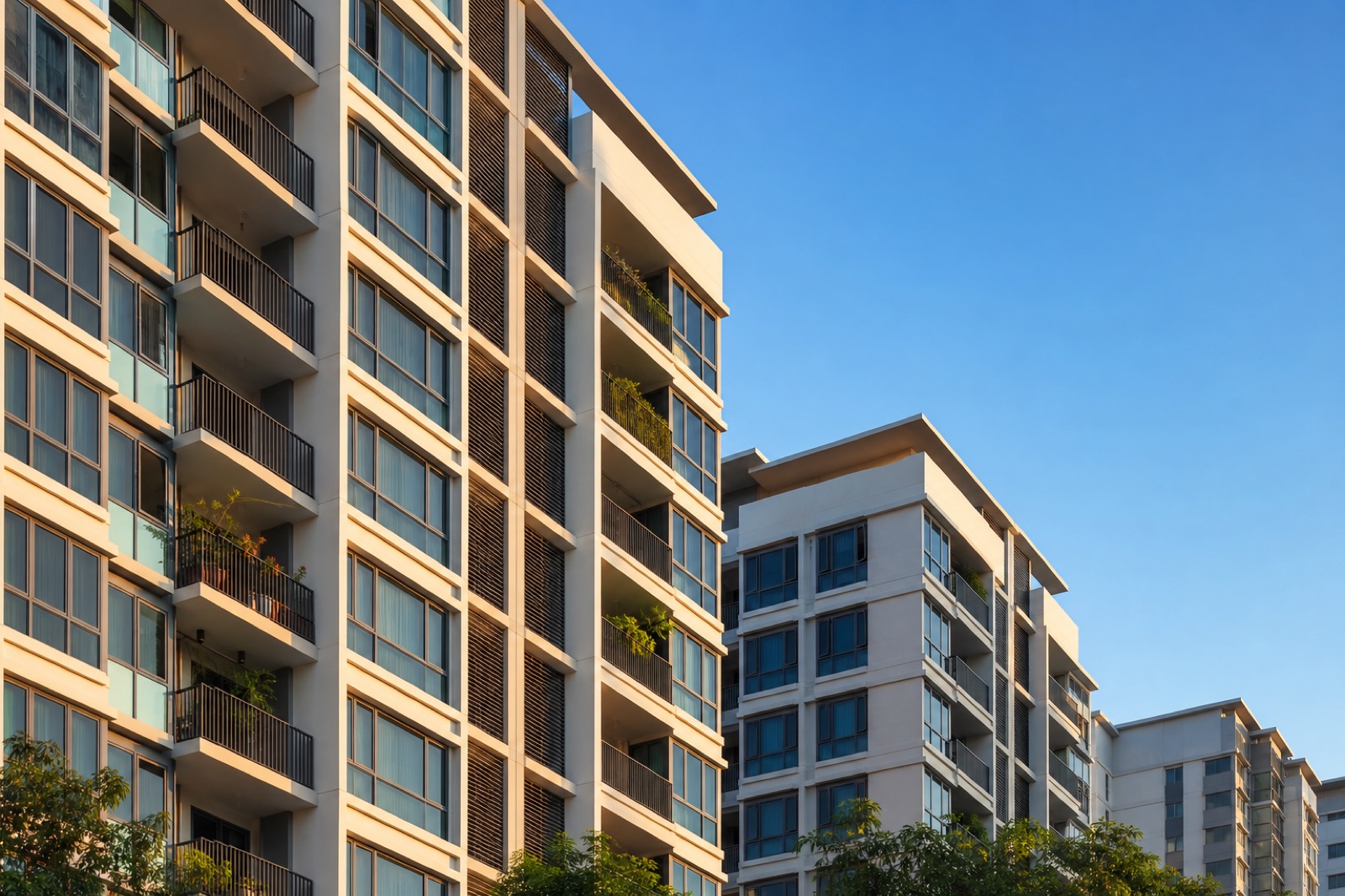 Singapore HDB and condo facade in golden light