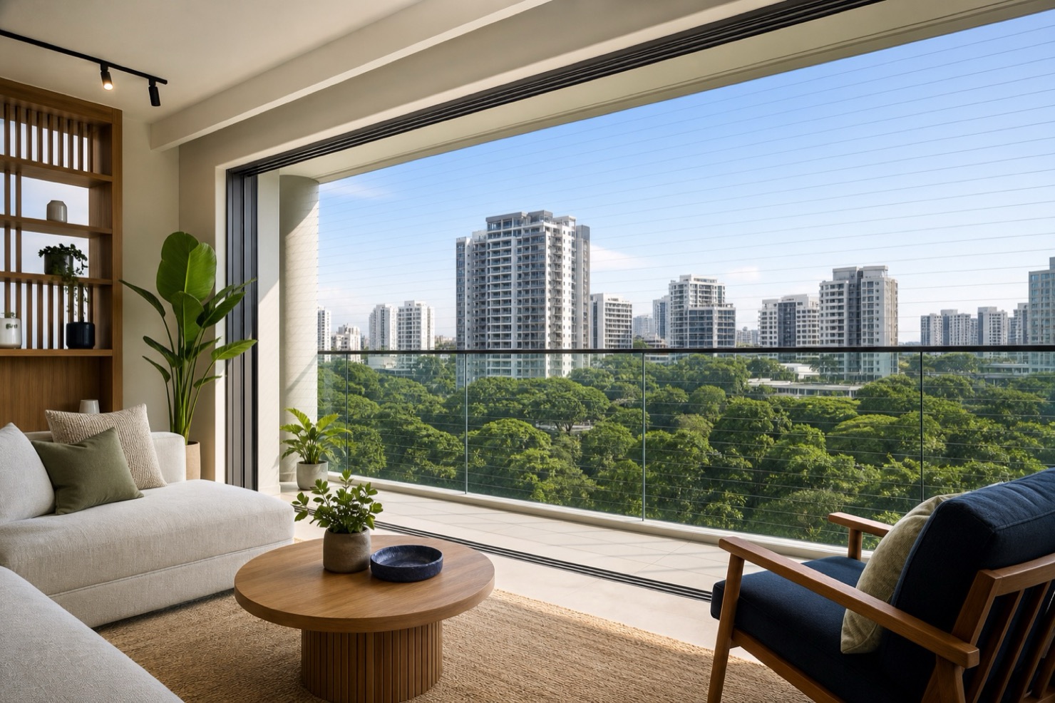 Modern Singapore condo living room with a near-invisible stainless-steel balcony grille and unobstructed view