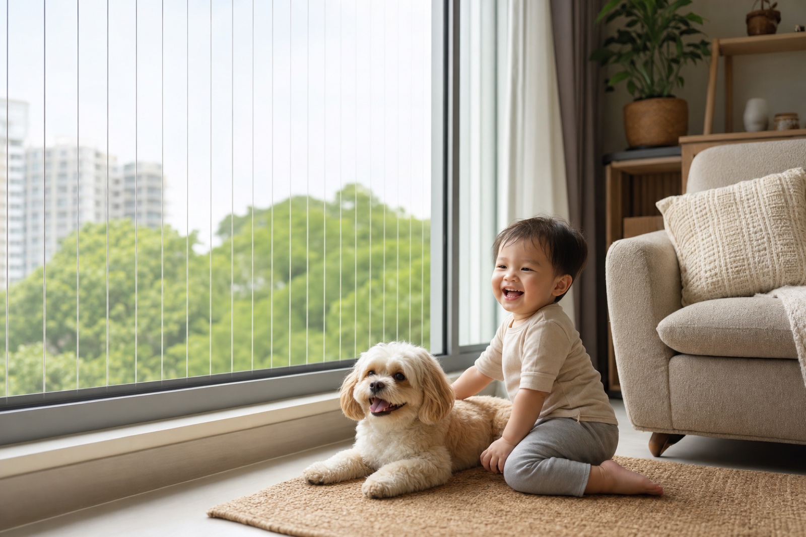 A child and pet safe by a window protected with an invisible grille