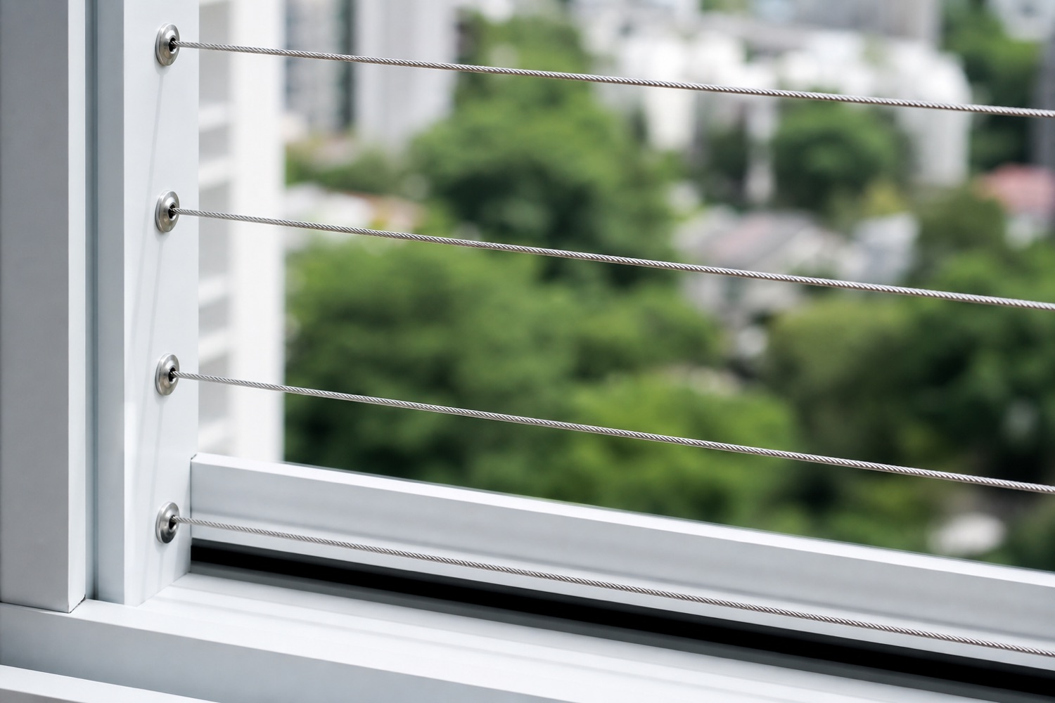 Close-up of taut SS316 stainless-steel invisible grille cables
